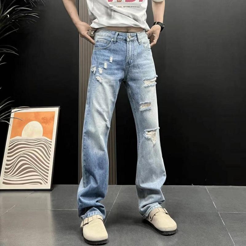 Spring and Summer American Ripped Scratched Retro Trend Fashion Washed Versatile Men's Narrow Straight Jeans Pants Tide