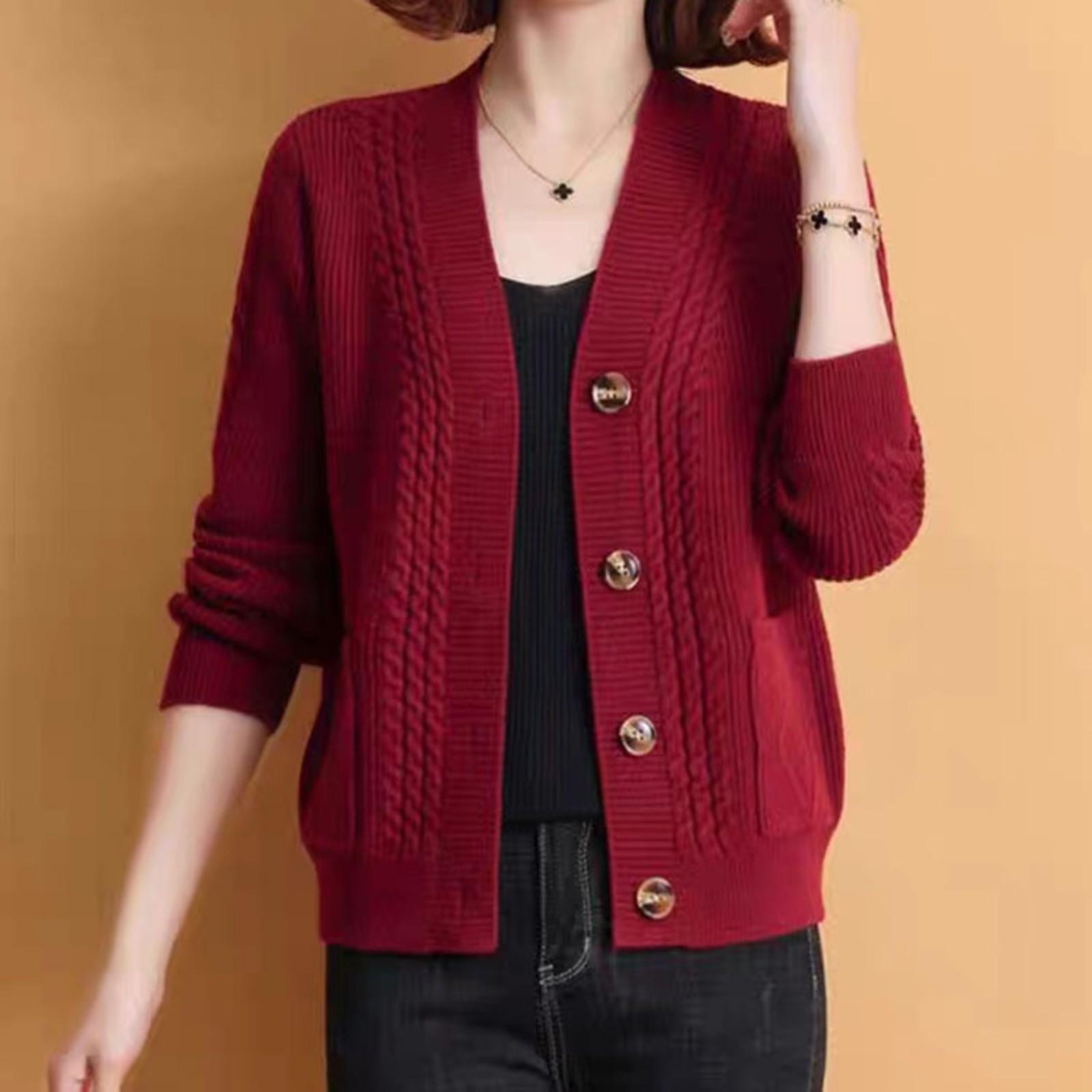 

Женский кардиган с V-образным вырезом, вязаный, на пуговицах, повседневный модный свитер-жакет One Size красный