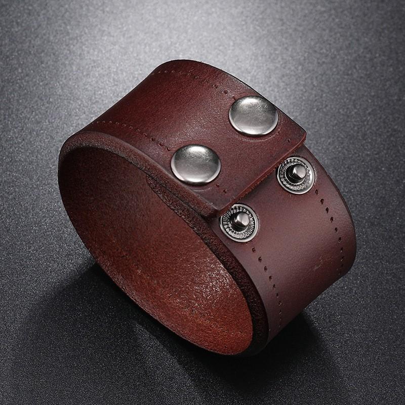 Mens Punk Style Wide Leather Bracelet Handmade Genuine Cowhide Biker Accessory Unisex Retro Minimalist Wristband