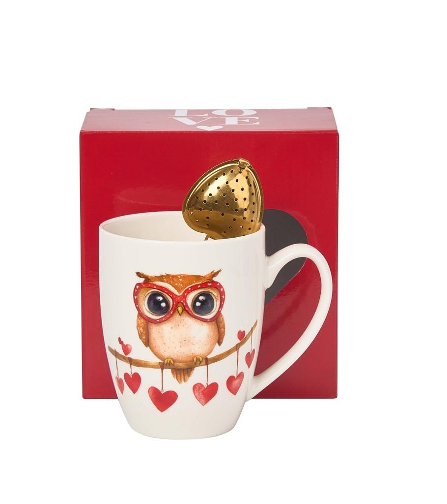 Porcelain Mug with Infuser 360 - Owl Heart Valentine' Day Gift