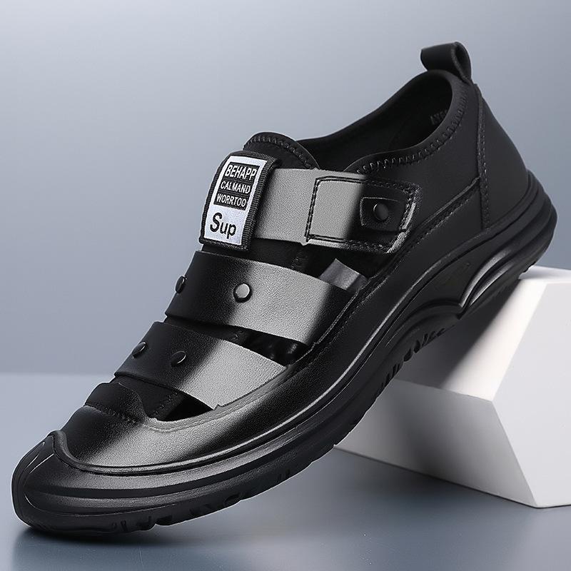 Herren Tasche Kopf Sandalen Sommer hohl atmungsaktiv Freizeitschuhe Outdoor Strandschuhe Lochschuhe weiches Leder weiche Sohle