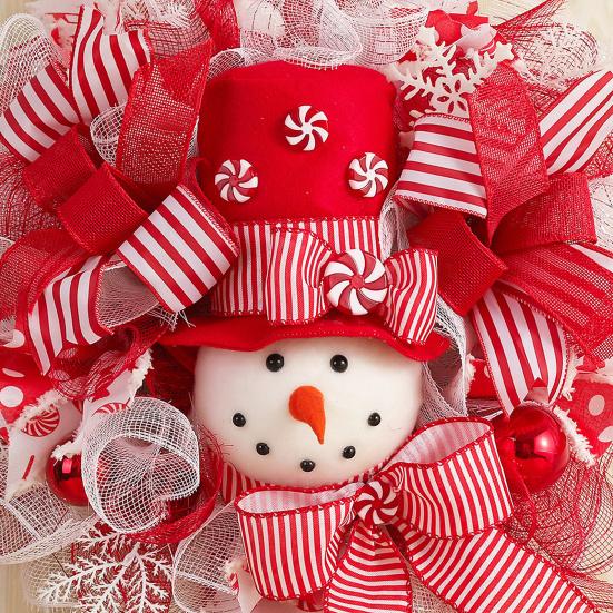 Christmas Snowman Wreath for Front Door Light Up Red/Blue Mesh Ribbon Candy Cane Wreath with Snowman Doll for Winter Home Wall Decor