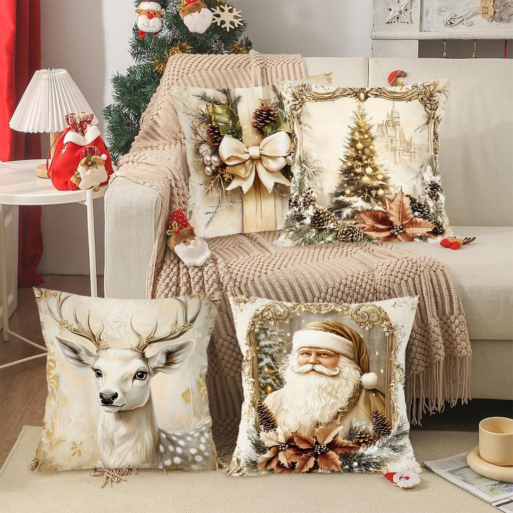4Pcs Gold Christmas Throw Pillow Covers Santa Reindeer Pattern Decorative Cushion Cases for Bedroom Living Room Holiday Decor