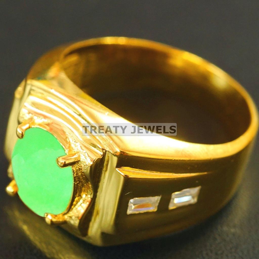 Jade Oval Cut With 925 Sterling Silver Gold Plated Ring For Men's #B142 JL375671581079