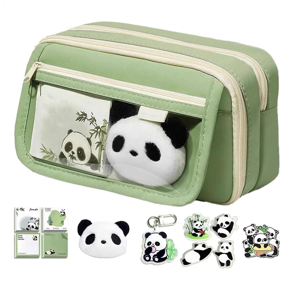Cute Pencil Case Large Capacity Pencil Bag Panda  Cartoon Stationery Holder Bag With Brooches Stickers Clips Keychains  Pen Case
