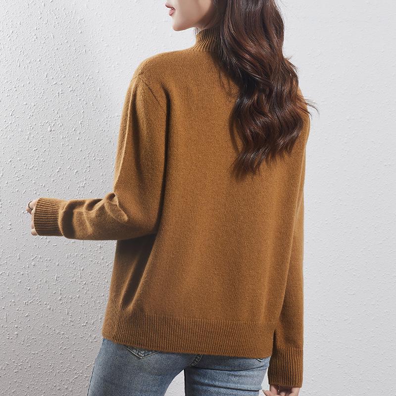 Women's Light Luxury Wool Pullover – Half-High Collar, Thick Knit, Loose Fit, 100% Wool, Perfect for Autumn/Winter.