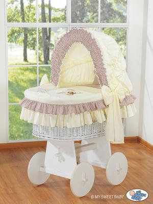 Moses Basket with a Hood - Teddy Bear with a Bow, White + Cream-brown Bedding with Embroidery