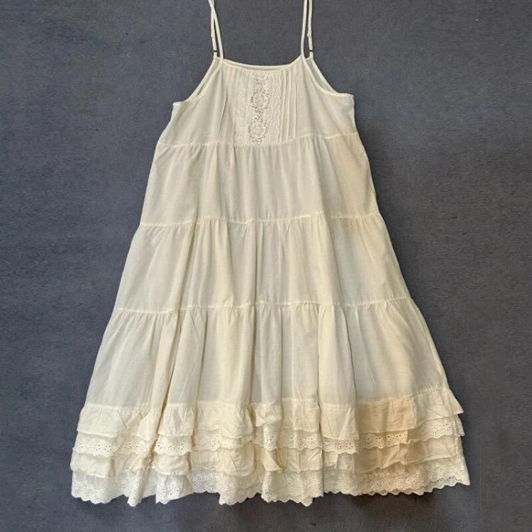 Summer New Women Casual Dresses Johnature Sweet Mori Japanese Loose Slip Dress Patchwork Lace Cotton Render Cake