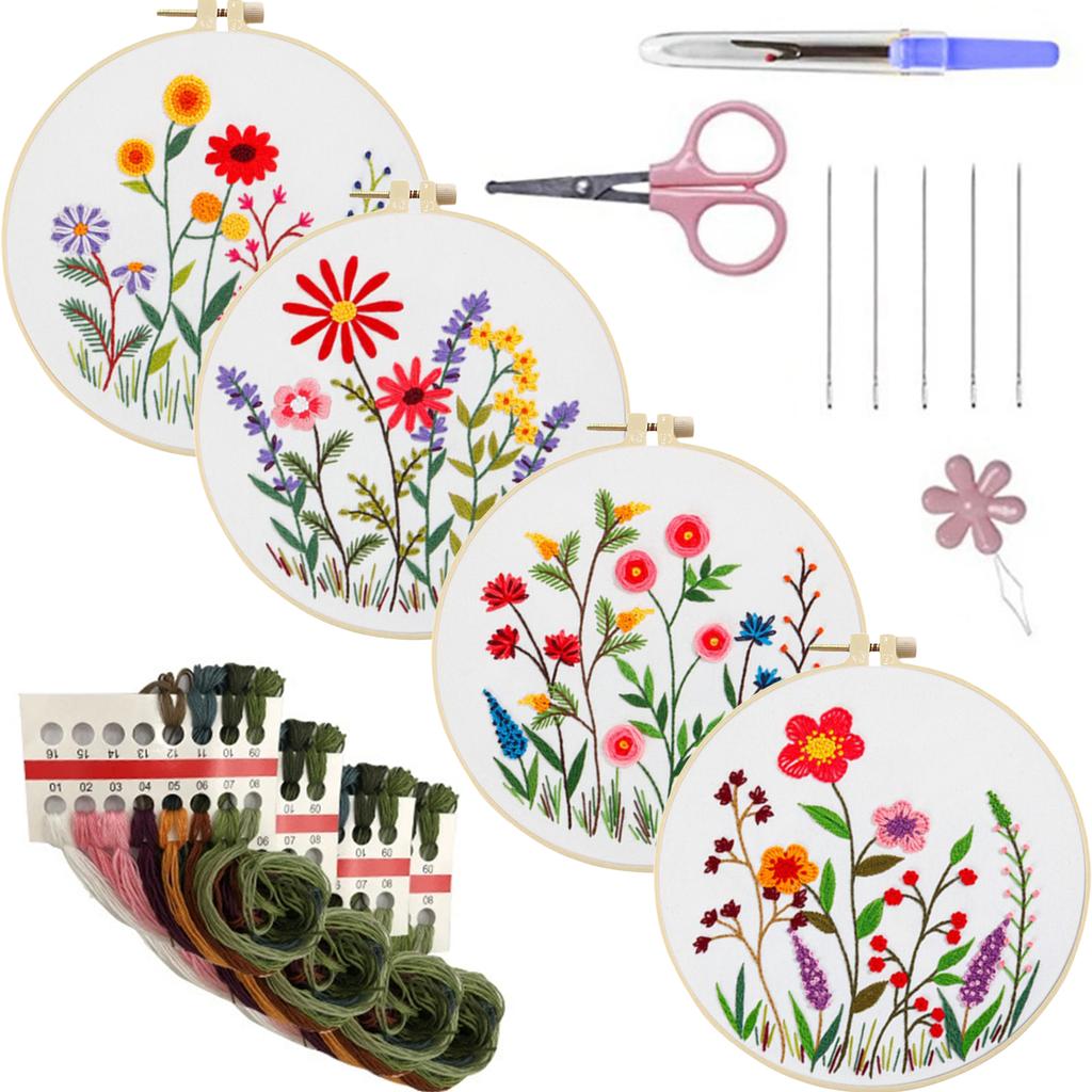 4 Pack Flowers DIY Embroidery Kit with Embroidery Hoop Embroidery Starter Kit 30x30cm for Adult Beginners Gift for Women