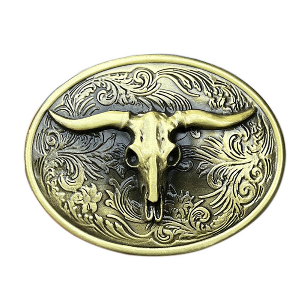 Vintage Carved Floral Pattern Belt Buckle Metal Adult Bull Head Shape Buckle Replacement DIY Craft Belt Oval Buckle