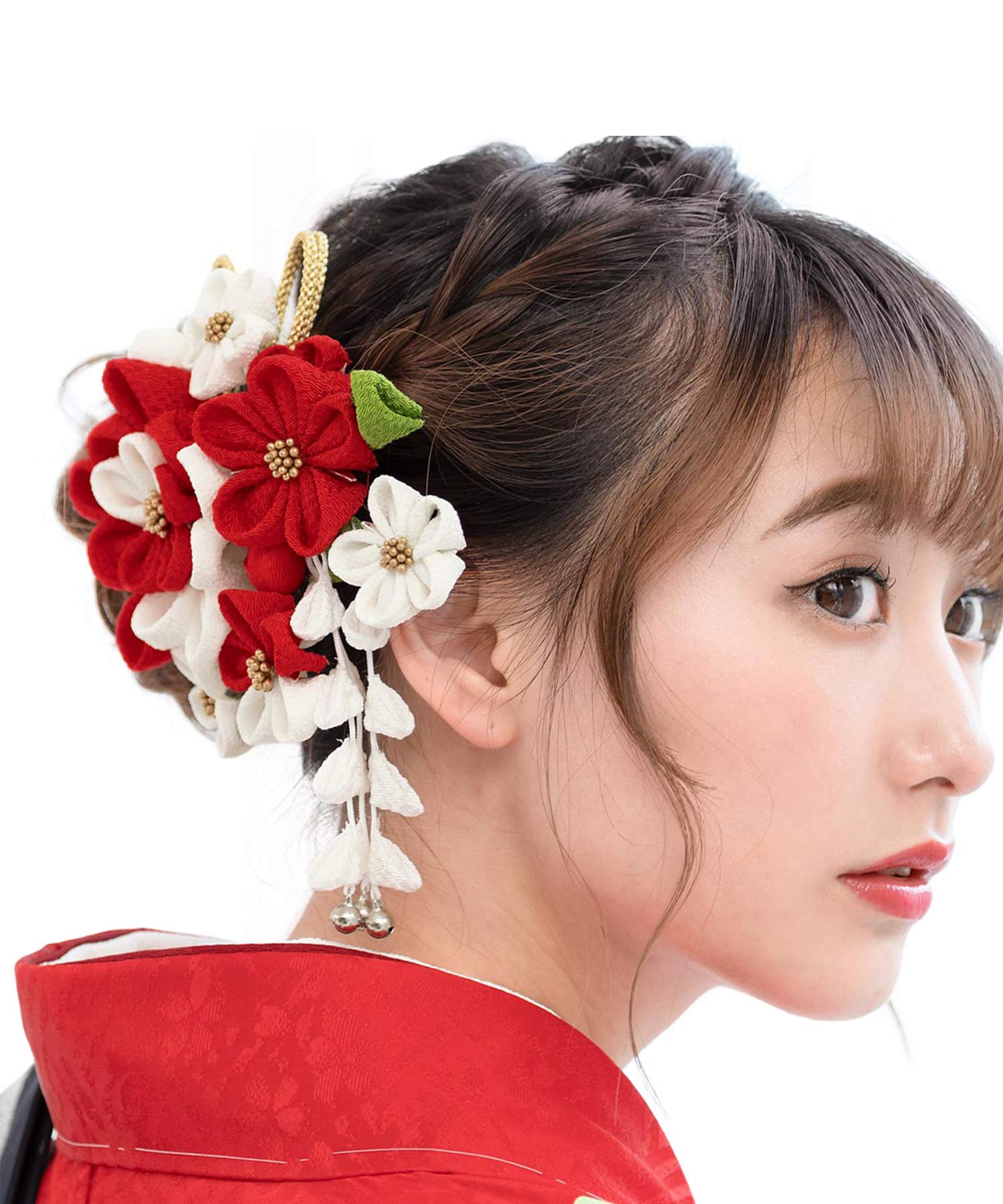 

SOUBIEN Hair Ornaments for Ceremonies and and Plum Hanging Wisteria Hair Made in Japan Coming-of-Age Graduations, 2-Piece Tsumami-Zaiku Set, Red,