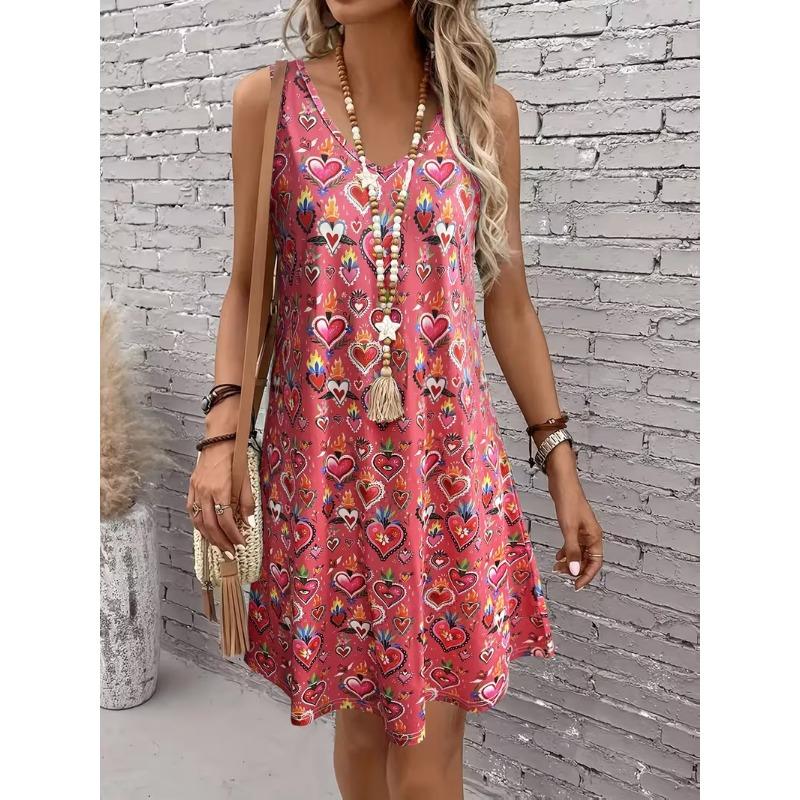 Women's Geometric Floral Print Sleeveless Dress - Suitable for All Seasons, Suitable for Summer Beach Wear