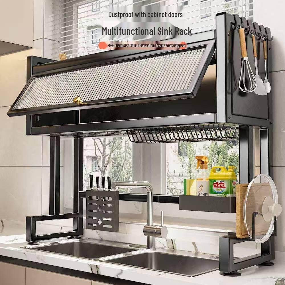 Multi-functional Kitchen Sink Cabinet Rack: Dustproof Countertop Storage for Bowls, Plates, and Dishes with Drainage.