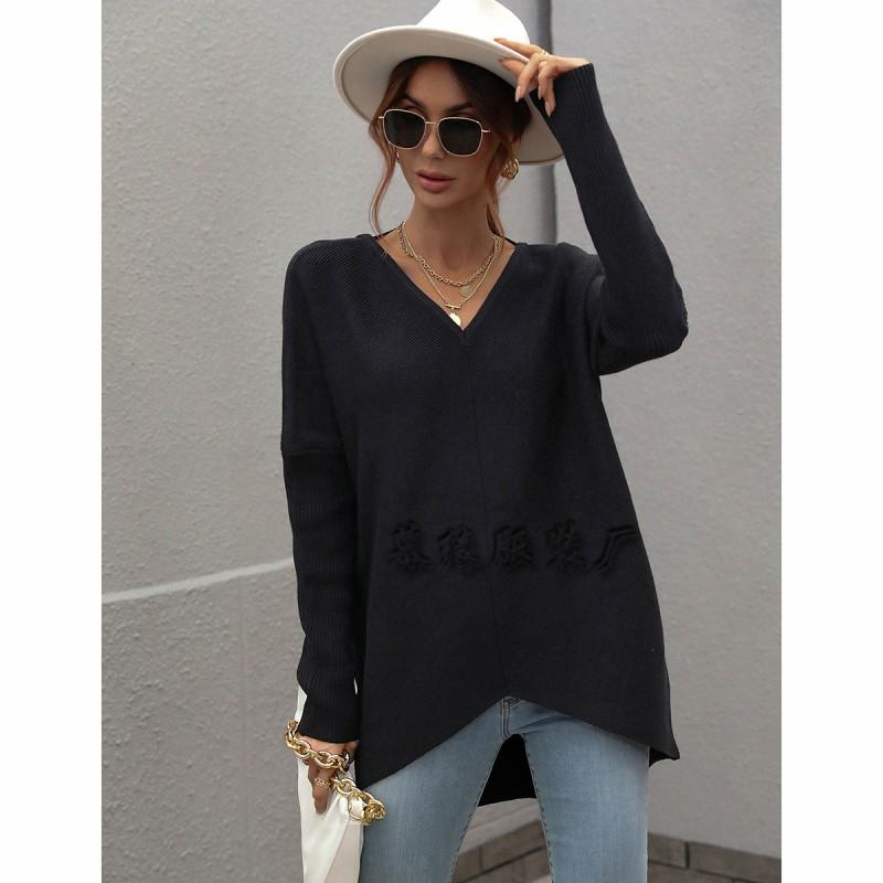 Womens V-Neck Loose Knit Sweater Office Commute - Solid Color Long Sleeve Pullover In Cotton Blend