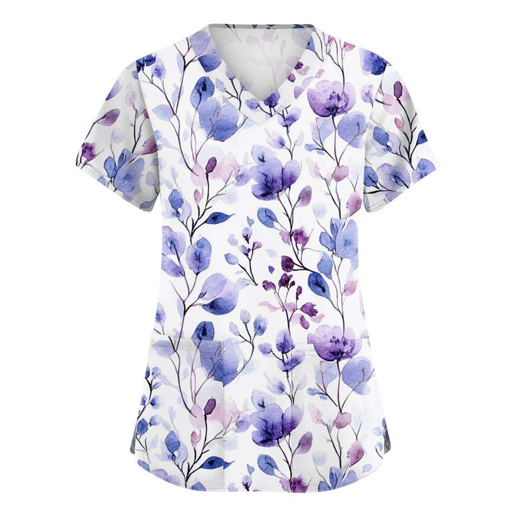 Women's Fashionable V-neck Workwear Printed Short Sleeved Pocket Side Slit Workwear Basic Pullover Top