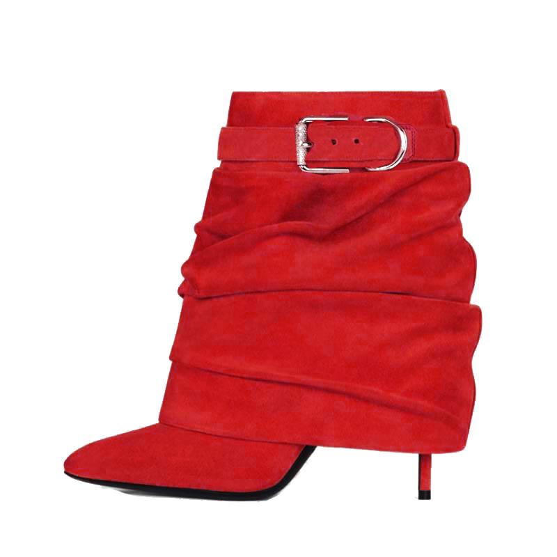 Fashion Brand New European American Pleated Middle Tube Stacking Boots Pointed Slim High Heels, Solid Color Fashionable Skirts Boots 43