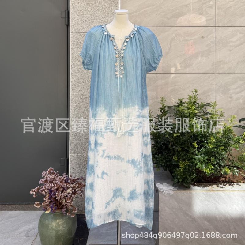 Богемное синее платье с tie-dye, бахромой и шнуровкой на воротнике, с коротким рукавом, в летнем стиле для отпуска One Size