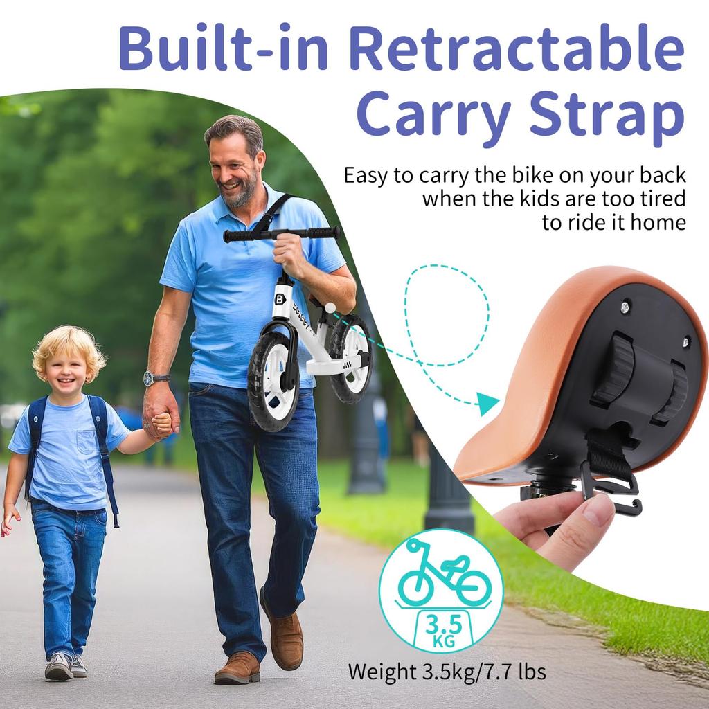 BELEEV 12-inch Kick Bike for Ages 2-6, Pedal-Free Run Bike with Lightweight Adjustable Seat and Handlebars, Illuminated Wheels, and Carrying Strap