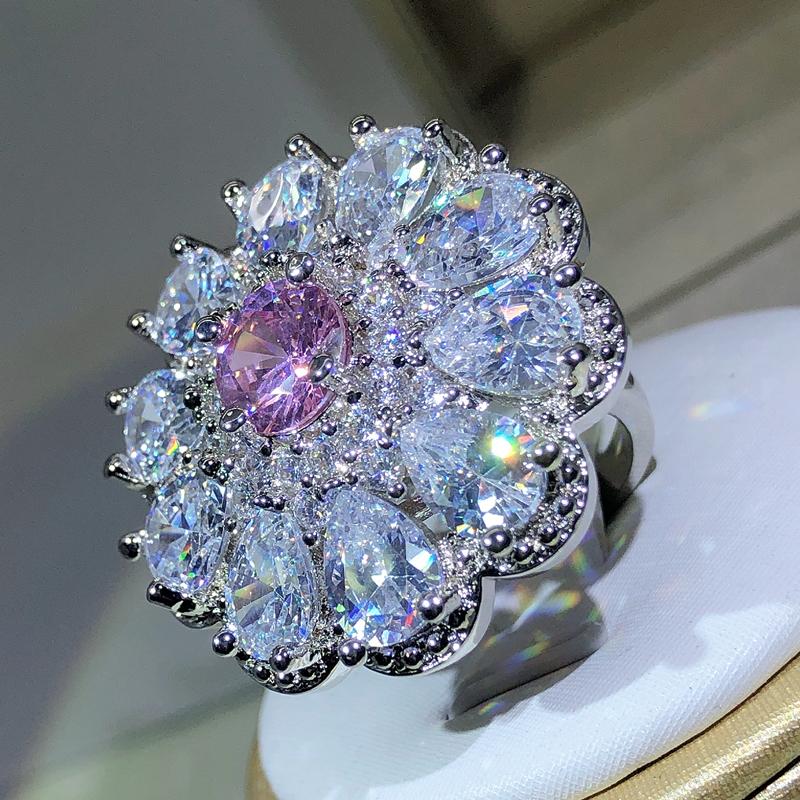 copper Trendy Luxury Jewelry Ladies Shiny White Zirconia Crystal Flower Female Ring for Women Party Wedding