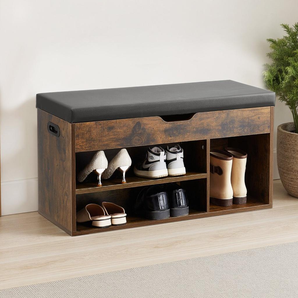 Eingangsbereich Schuhbank, 805 x 305 x 445 mm Schuhaufbewahrungs-Organizer mit verstecktem Klappdeckel-Stauraum, Bank mit 300 lbs Tragkraft, Polstersitz und 3 Schränken für