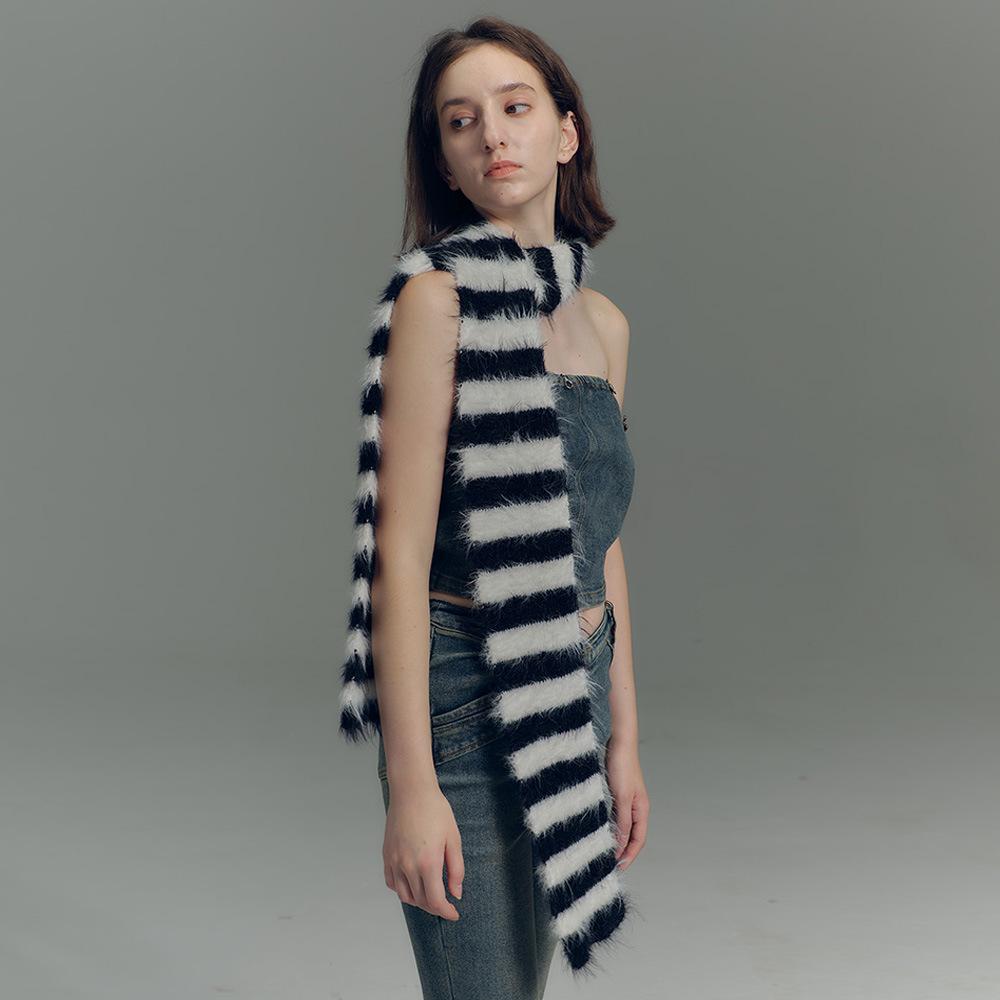 Long Haired Woven Black and White Striped Knitted Scarf for Women Neck Choker Winter Warm Narrow and Long Scarf