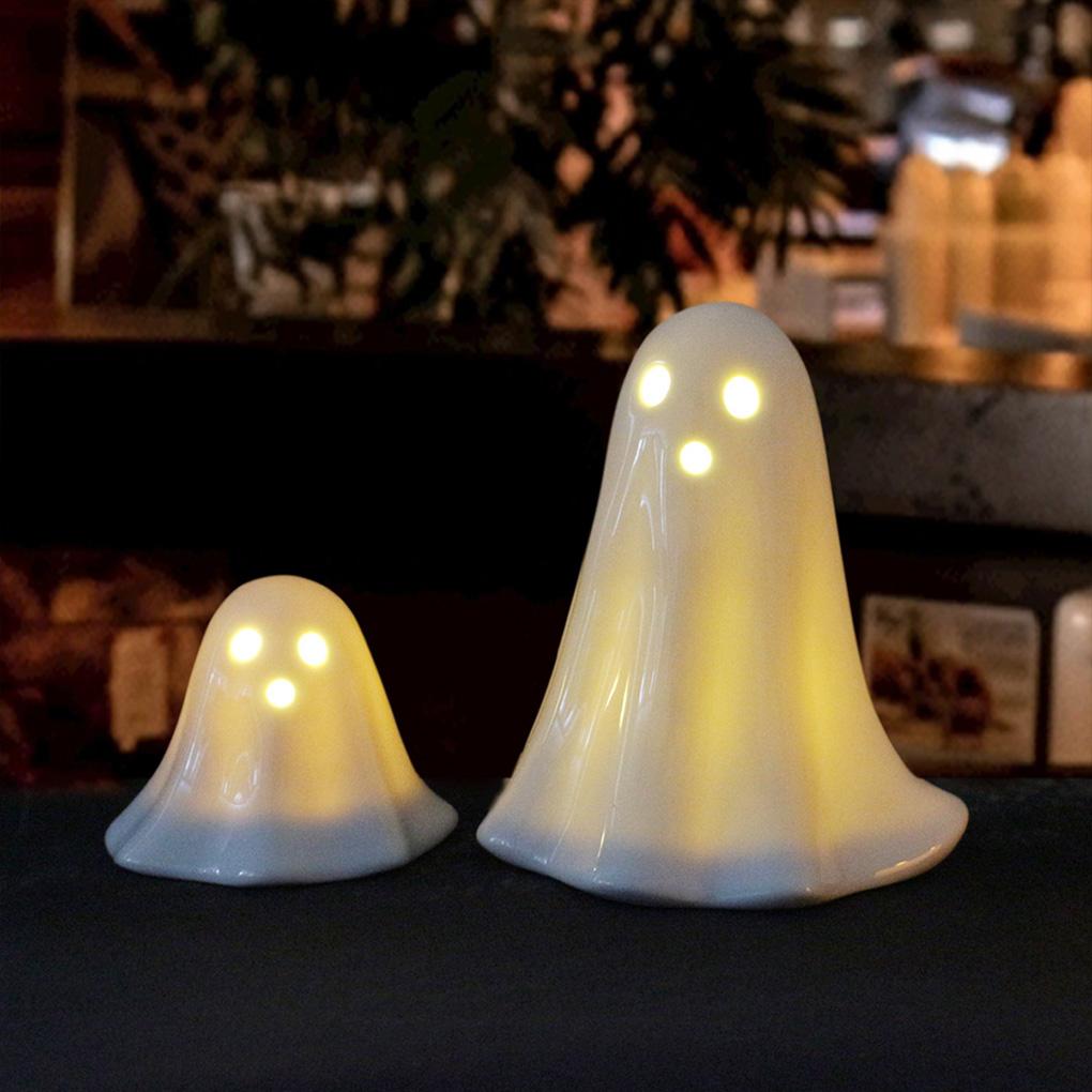 2PCS/SET Halloween Glowing Ghost Ornament Creative Lighted Ghost Sculpture Handmade Illuminated Ghost Decor Desktop Decoration