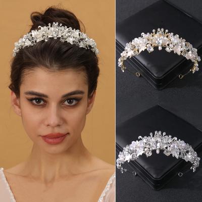 Silver Color Pearl Crystal Crown Headband Flower Rhinestone Gold Tiara Diadem Party Women Bride Wedding Hair Accessories Jewelry