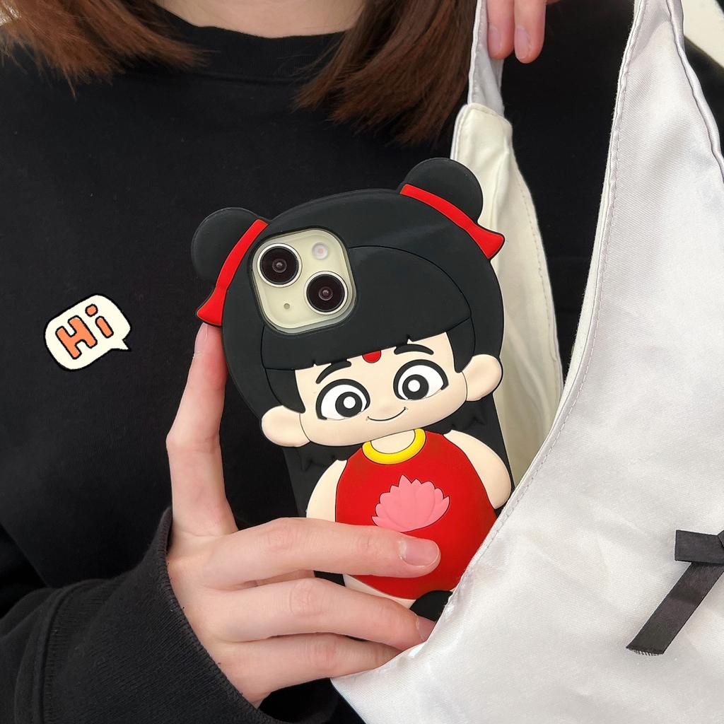 For iPhone 15 Silicone Case Cute Nezha Baby Design Shockproof Phone Back Cover