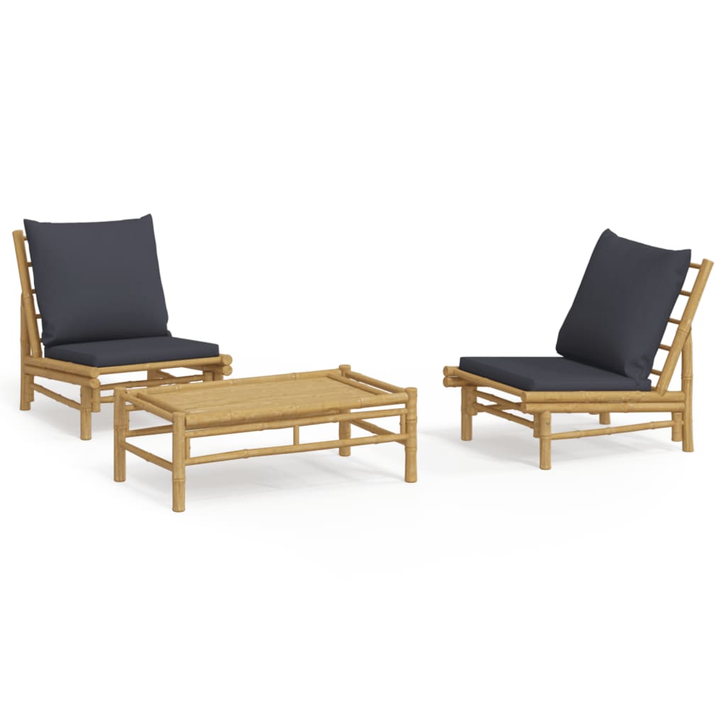vidaXL 3-tlg. Garten-Lounge-Set mit Dunkelgrauen Kissen Bambus