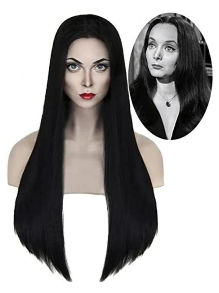 Addams Family Cosplay Perücke Morticia Wendesday Perücken Schwarzes Langes Glattes Haar Hitzebeständig Synthetisch Halloween Party Damenperücken gray
