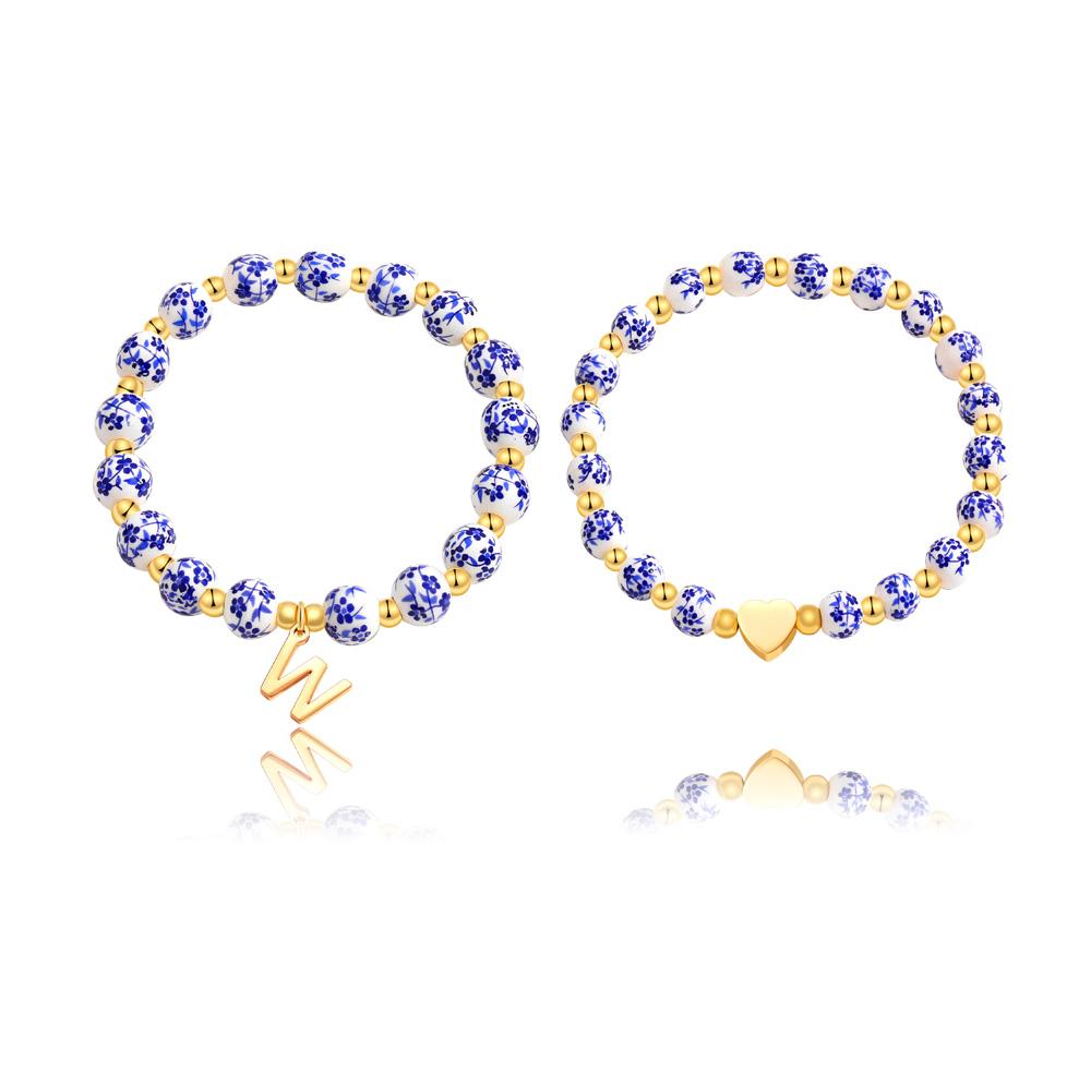 

2Pcs Blue Ceramic Bead Initial Letter Bracelet Set for Women Girl Vintage Gold Color Letter Alphabet Wrist Zircon Accessories