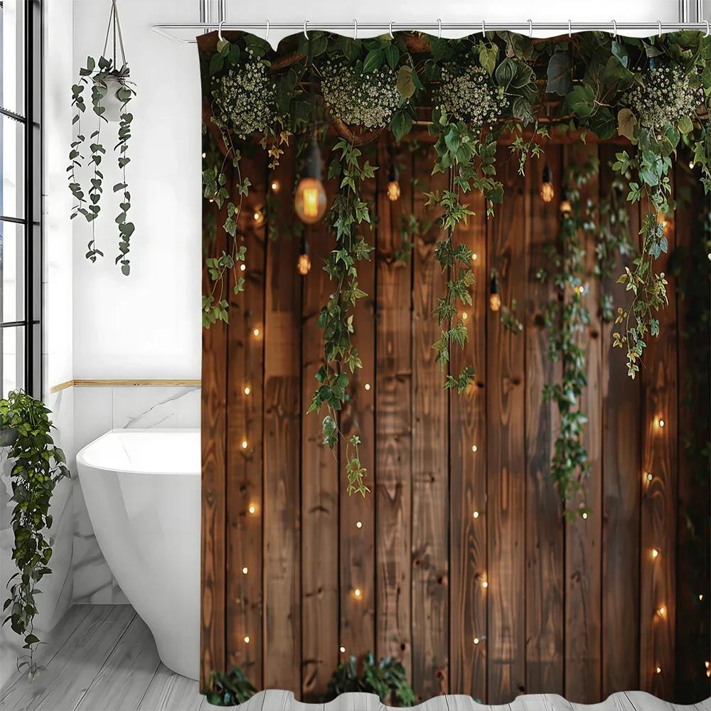 

Vintage Wood Bran Door, Green Leaf Shower Curtain, Bathroom Decorative Shower Curtain, Waterproof Shower Curtain With Hooks W60H190(CM)-1 Pcs
