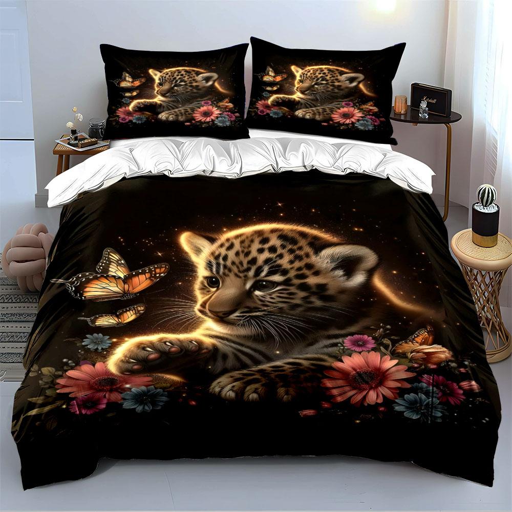 Leopard Cub with Butterflies Bedding Duvet Cover Set (1*Duvet Cover 2*Pillowcases, without duvet insert)
