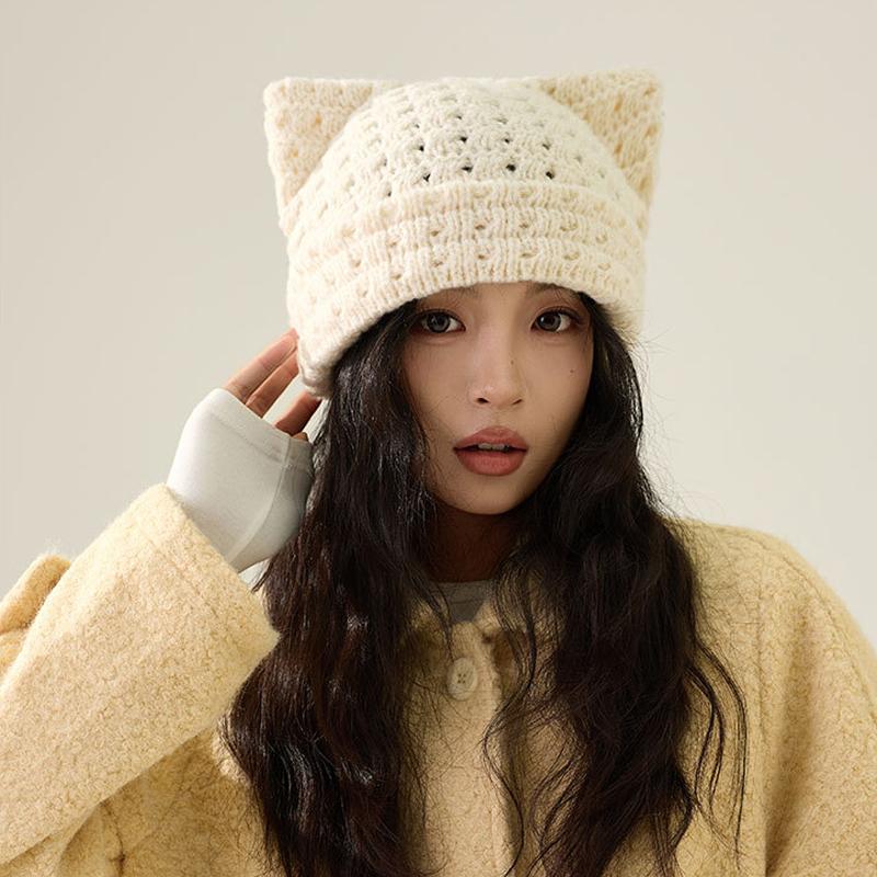 Katzenohren Wollmütze Herbst Winter Großer Kopf Warm Ohrenschutz Strickmütze