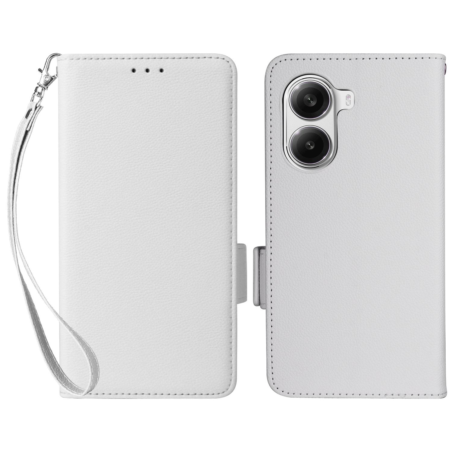 

Чехол для Xiaomi Poco X7 Pro 5G/Redmi Turbo 4 5G с ремешком на запястье, текстура личи, кошелек из ПУ кожи, чехол для телефона White