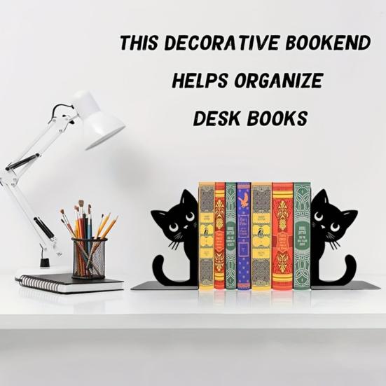 2Pcs Black Cat Bookends for Shelves Cute Metal Book Holder for Desk Heavy Duty
