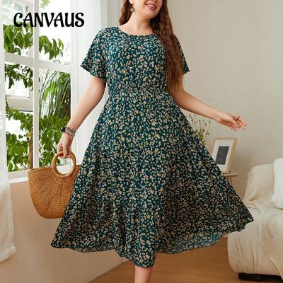Γυναικείο φόρεμα Plus Size με στρογγυλή λαιμόκοψη εμπριμέ Loose Large Swing Γυναικεία Φορέματα