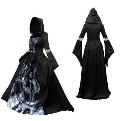 Women's Halloween Witch Costume Dress with Hooded Skeleton Print for Stage Performance