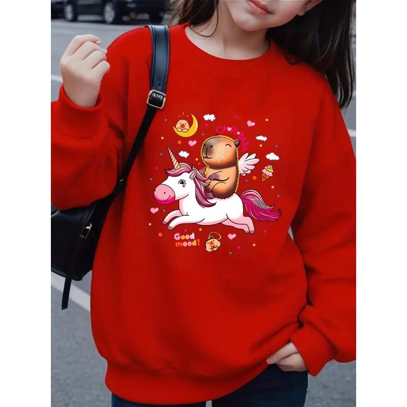 European sizes Kids' Crewneck Sweatshirt - Capybara Unicorn Flying Happy Cute , Sportswear And Casual Wear, Soft And Comfortable, Clothing, Teenagers
