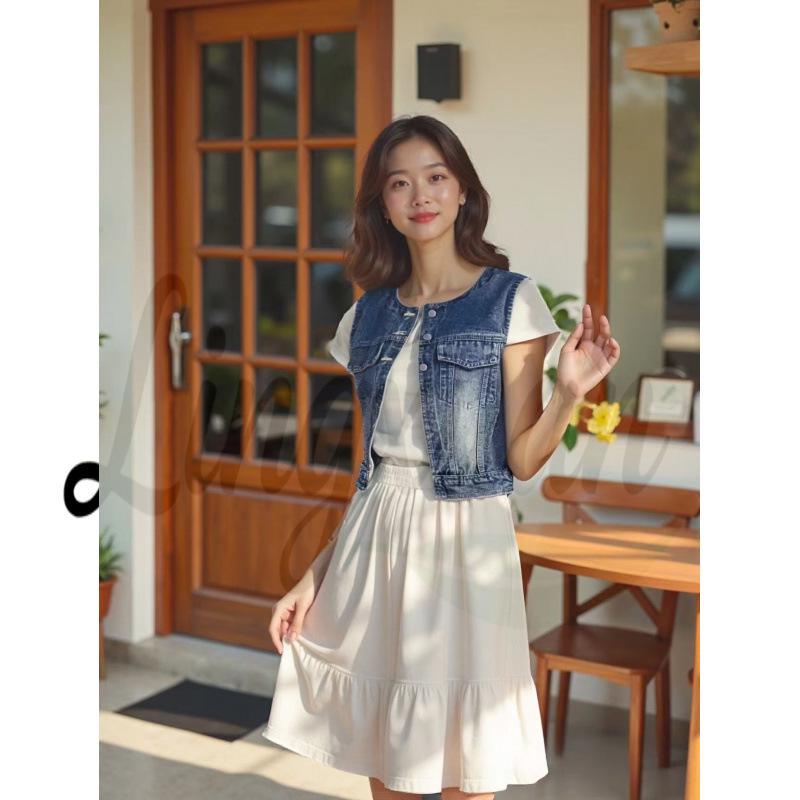 Korean Style Round Neck Denim Layered Vest Small