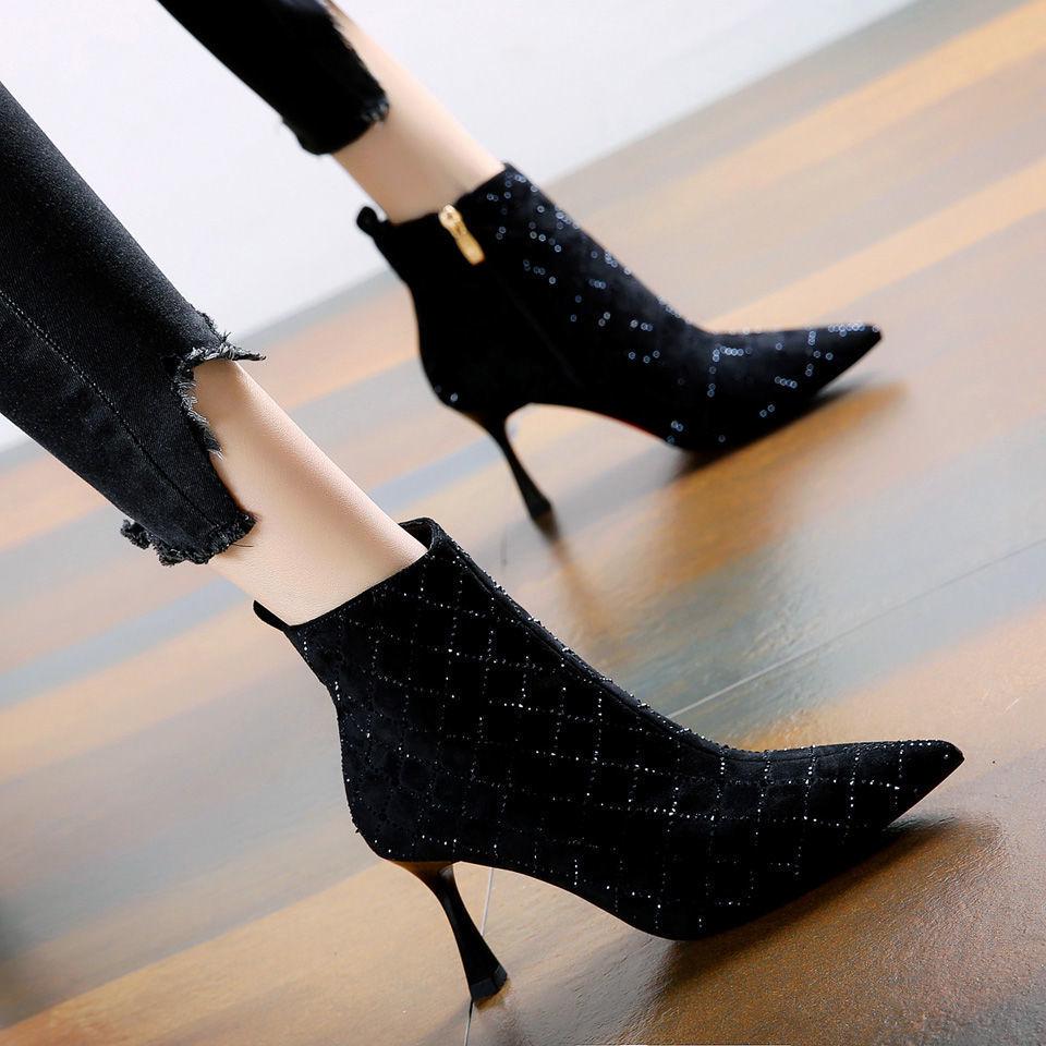 

Women s Autumn/Winter Rhinestone Stiletto Ankle Boots with Zipper 39 чёрный