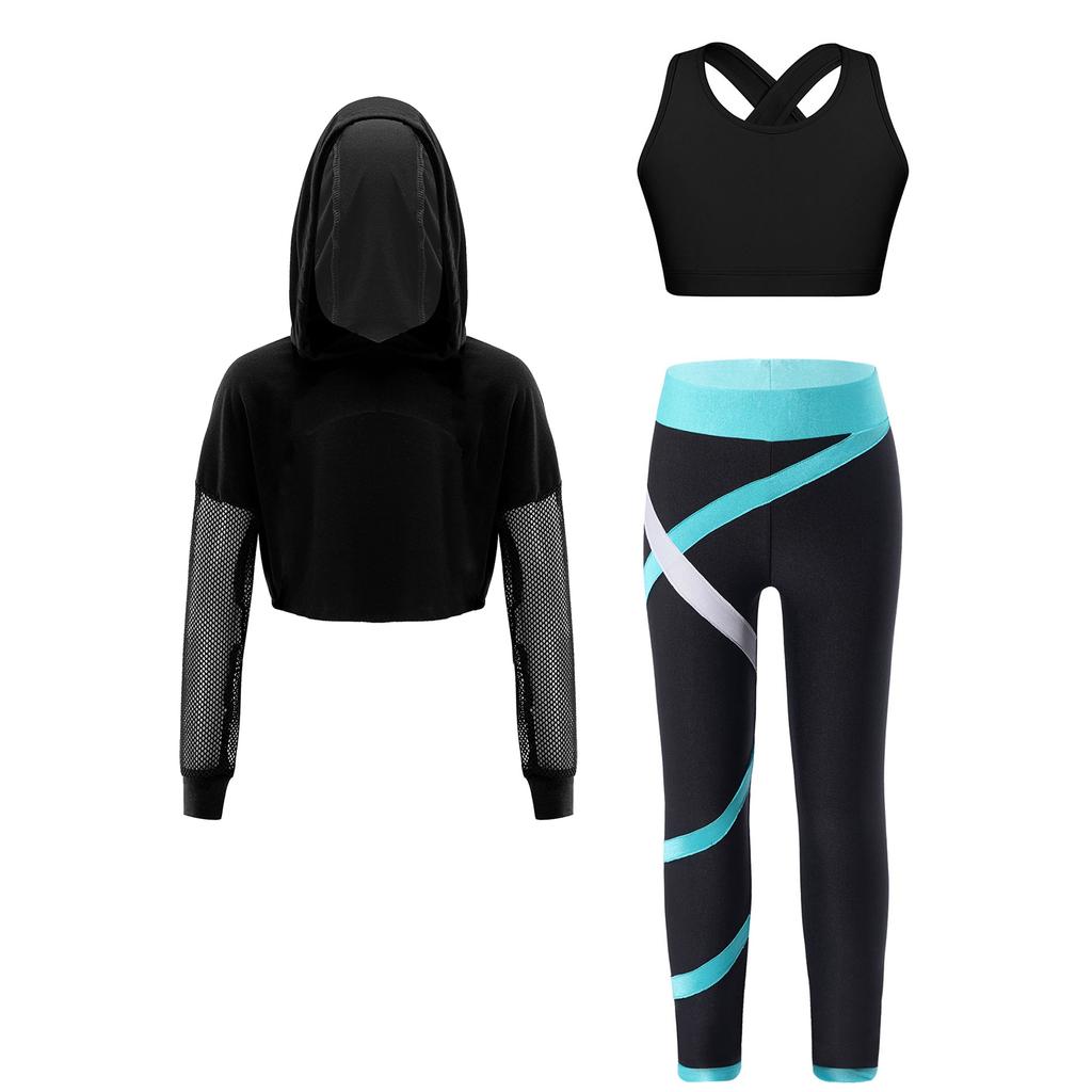 Kinder Mädchen Sport-Set Langarm Kapuzenpullover Sweatshirt Tops mit ärmellosem bauchfreiem Top und Leggings Street Dance Kleidung