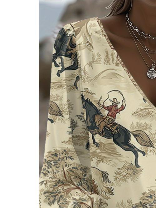 Retro ethnic V-neck women's long-sleeved top, lantern sleeve blouse, suitable for ranch party outfits and daily western clothing.