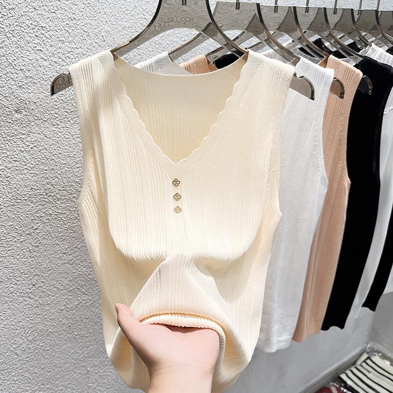 

Белые майки женские летние 2025 без рукавов с V-образным вырезом черные трикотажные майки женские топы JJ281 One Size абрикосовый