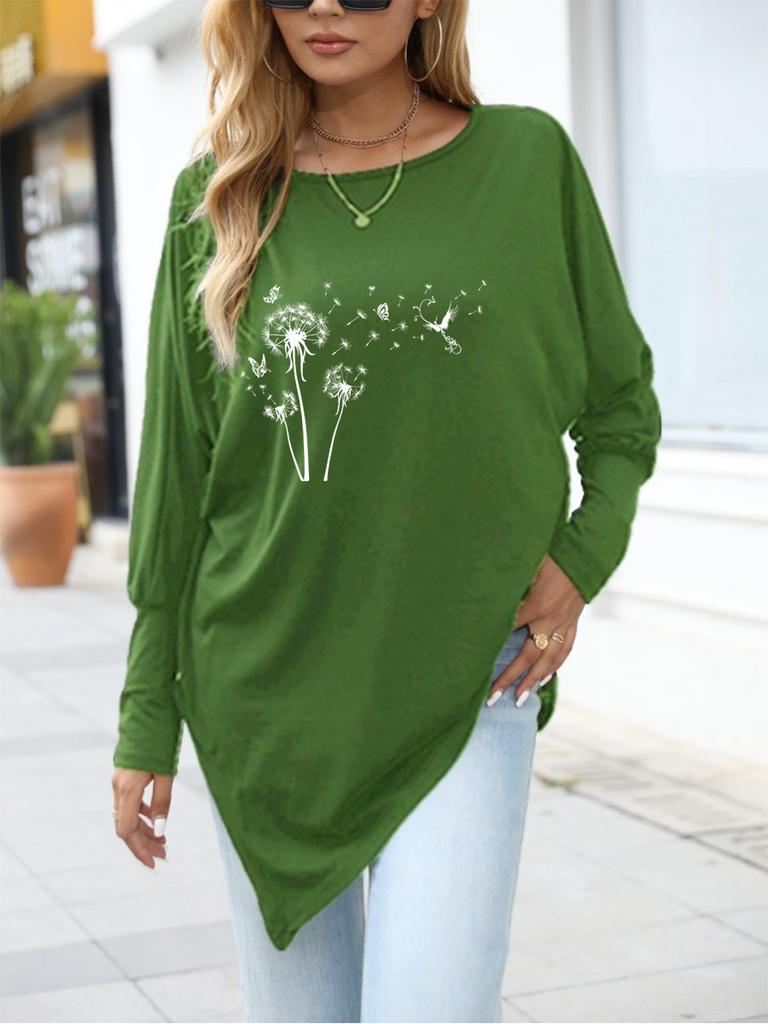 Female Fashion Printed Logn Sleeve Top Women's Oversize Long-Sleeve Spring/Fall Asymmetrical Hem T-Shirt