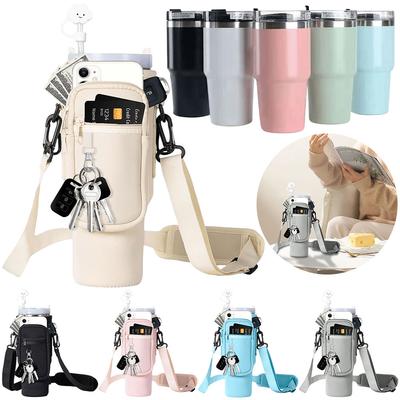Water Bottle Carrier Bag Adjustable Shoulder Strap Water Bottle Holder Pouch with Phone Pocket Cup Accessories