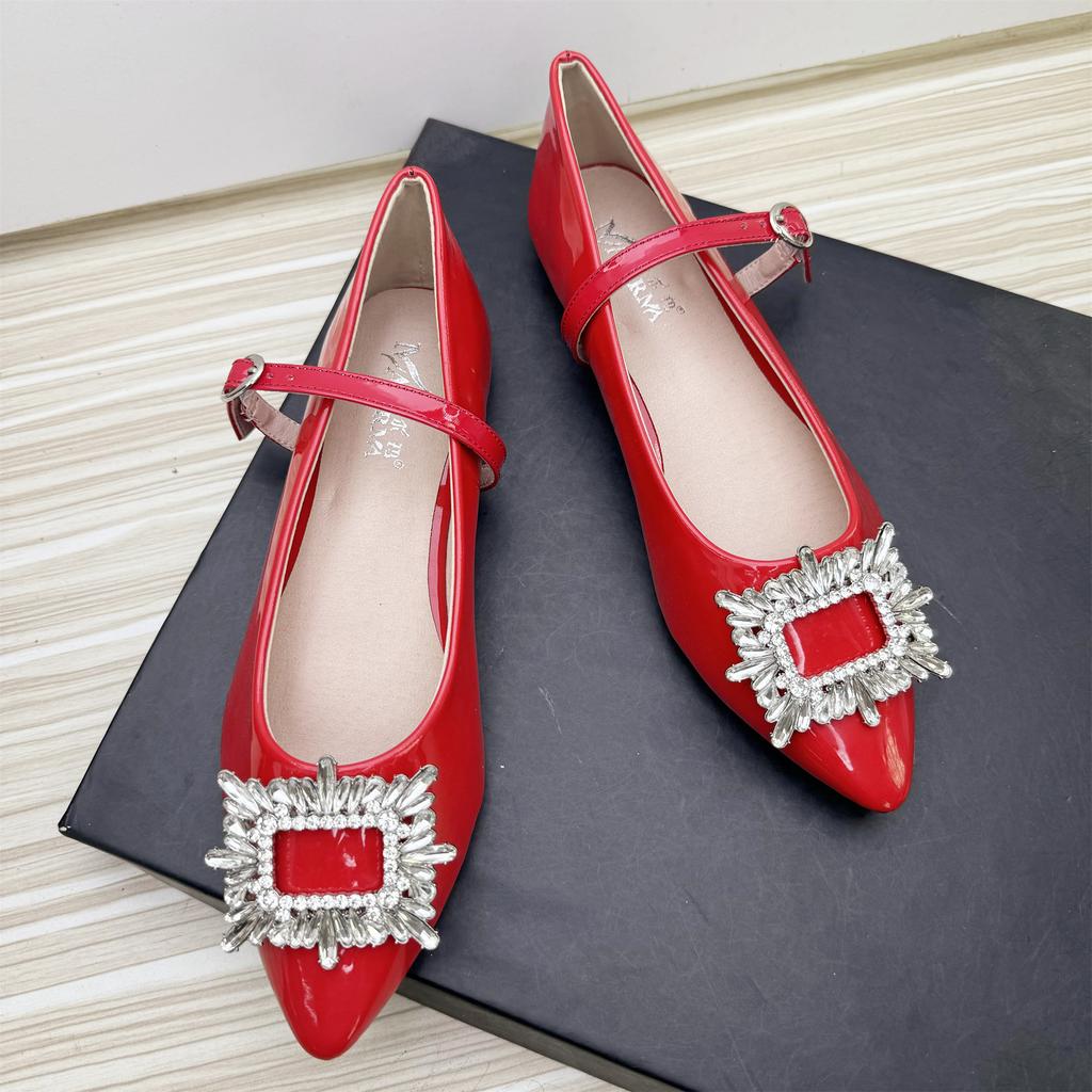 Fashion Flat Shoes for Women 2025 Spring Autumn Mary Jane Shoes Women Pointed Toe Rhinestone Square Buckle Patent Leather Plus Size Shoe