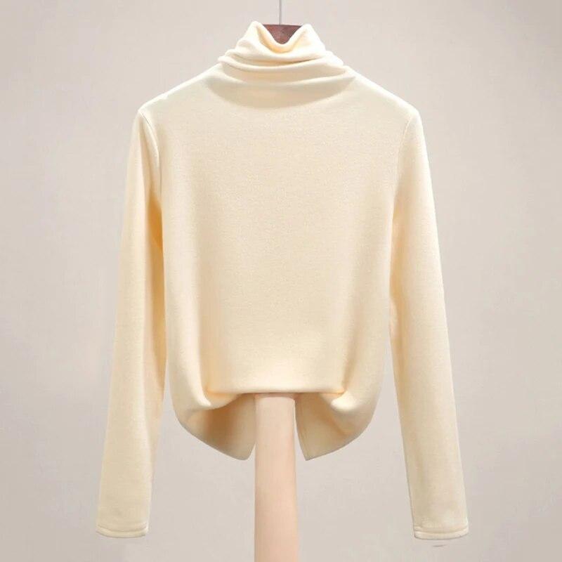 Turtleneck Undershirt Thin Velvet Slim Solid Color Women's Long Sleeved Pullover Simple Casual Korean Fashion Autumn Winter