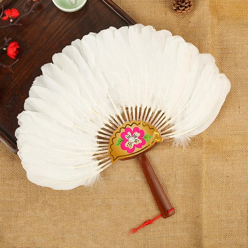 Vintage Chinese Fan Gooses Feather Wedding Party Fan Dance Feather Hand Fan Photograph Props Wood Craft Decorations Fan