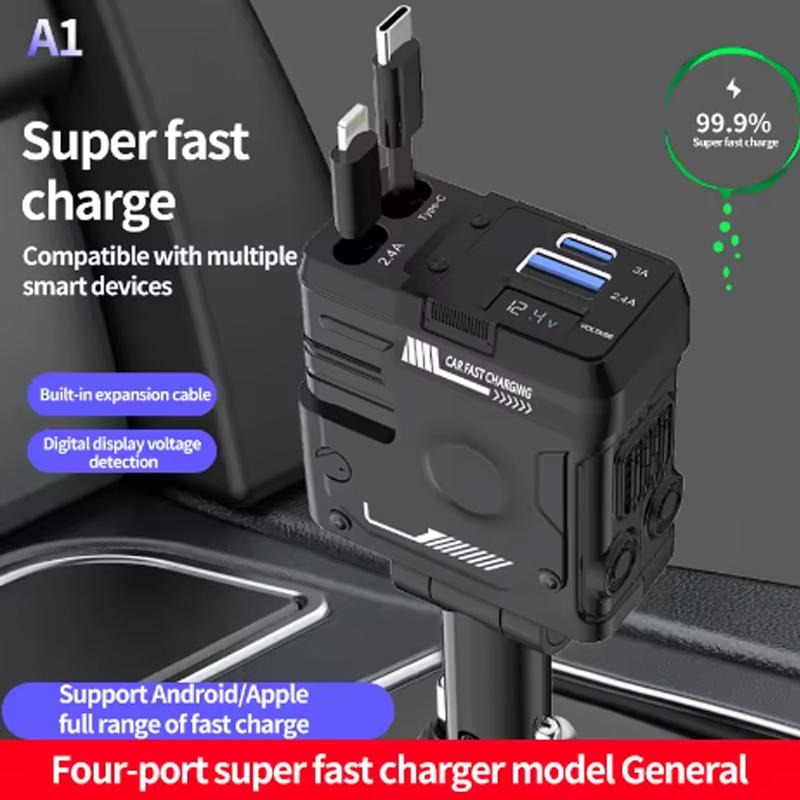 4 in 1 120W Fast Car Phone Charger Retractable Type-c Car Charger USB Car Charger for iPhone Android Galaxy Pixel TCL